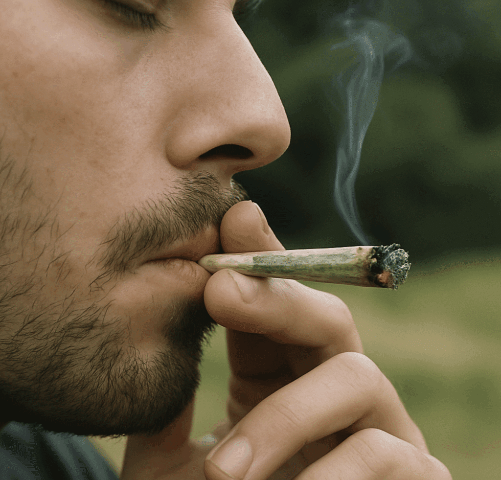 Close-up of a man smoking a marijuana joint, representing frequent or heavy cannabis use.